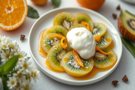 Scopri il delizioso carpaccio di kiwi con sciroppo all'anice e crema di ricotta all'arancia