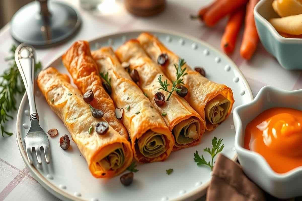 Deliziosi involtini di pasta fillo con carciofi e salsa di carote piccante