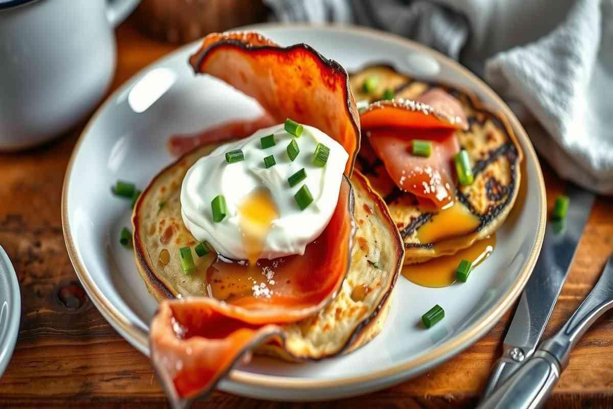 Deliziosi pancake di zucchine con speck, yogurt greco e un tocco di miele di castagno